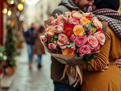 bouquet des roses homme et femme dans la rue