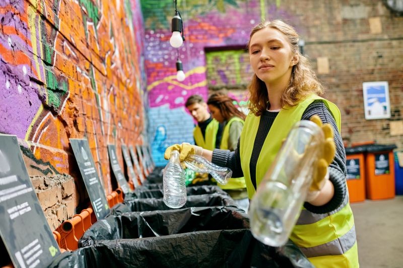 femmes homme poubelle bouteille en plastique