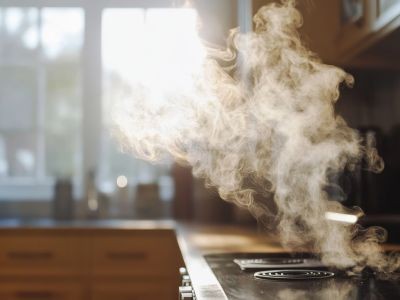 fumée au dessus d'une table de cuisson dans une cusine