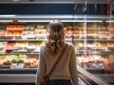 femme face rayon alimentaire supermarché