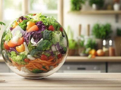 table dans une cuisine sphère en verre remplie de légumes