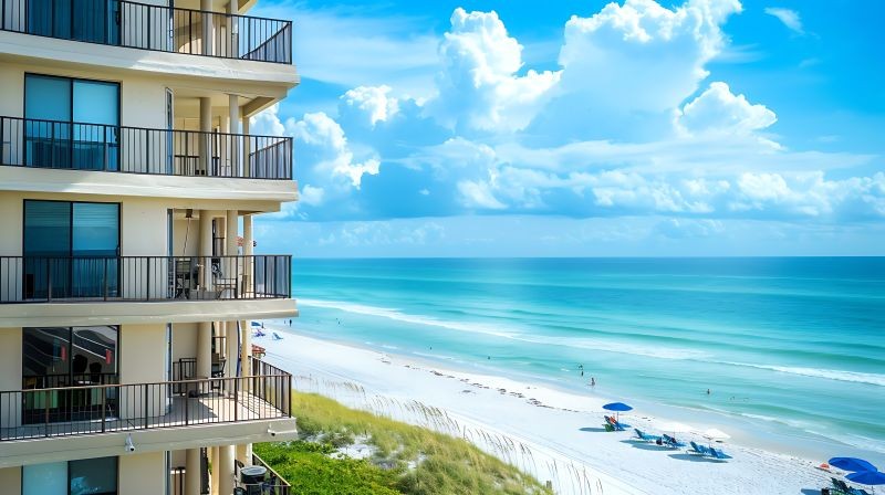 immeuble avec balcons face à la plage et à l'océan