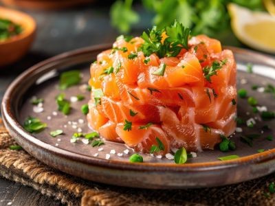 tartare de saumon dans une assiette