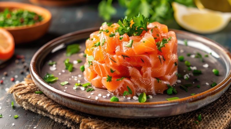 tartare de saumon dans une assiette