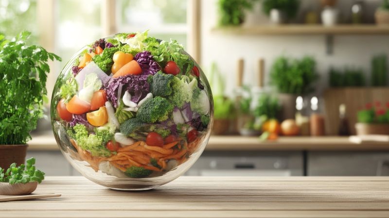 table dans une cuisine sphère en verre remplie de légumes