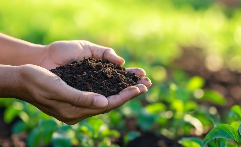 mains tenant de la terre dans un jardin