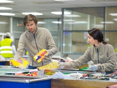 hommee femme déchets d'emballage sur un tapis roulant