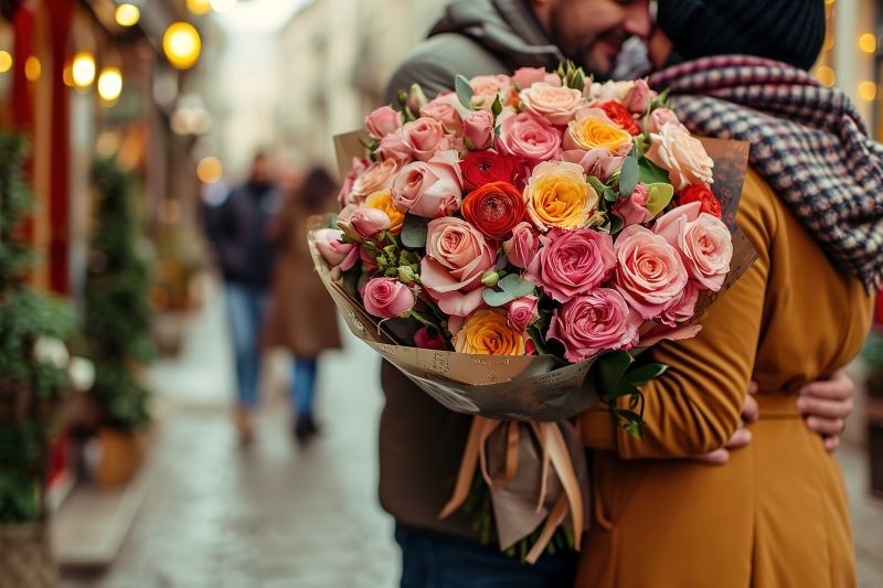 bouquet des roses homme et femme dans la rue