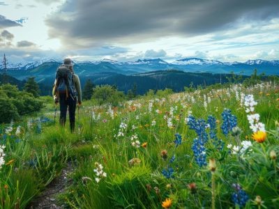 homme avec un sac à dos dans une prairie pleine de fleurs en montagne